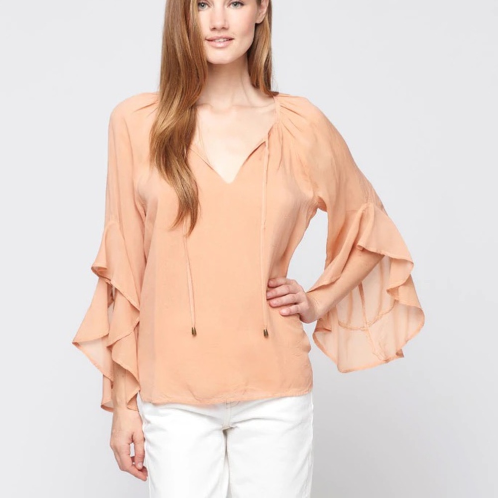 Maven West Cupro Tie Neck Ruffle Sleeve Top in Melon - S